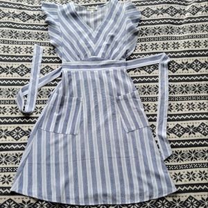 MONTEAU Blue Off-white Striped Summer Light V-neck Dress S